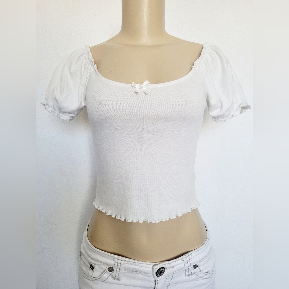 American Eagle Outfitters White Puff Sleeve Crop Top Cotton Blend XS